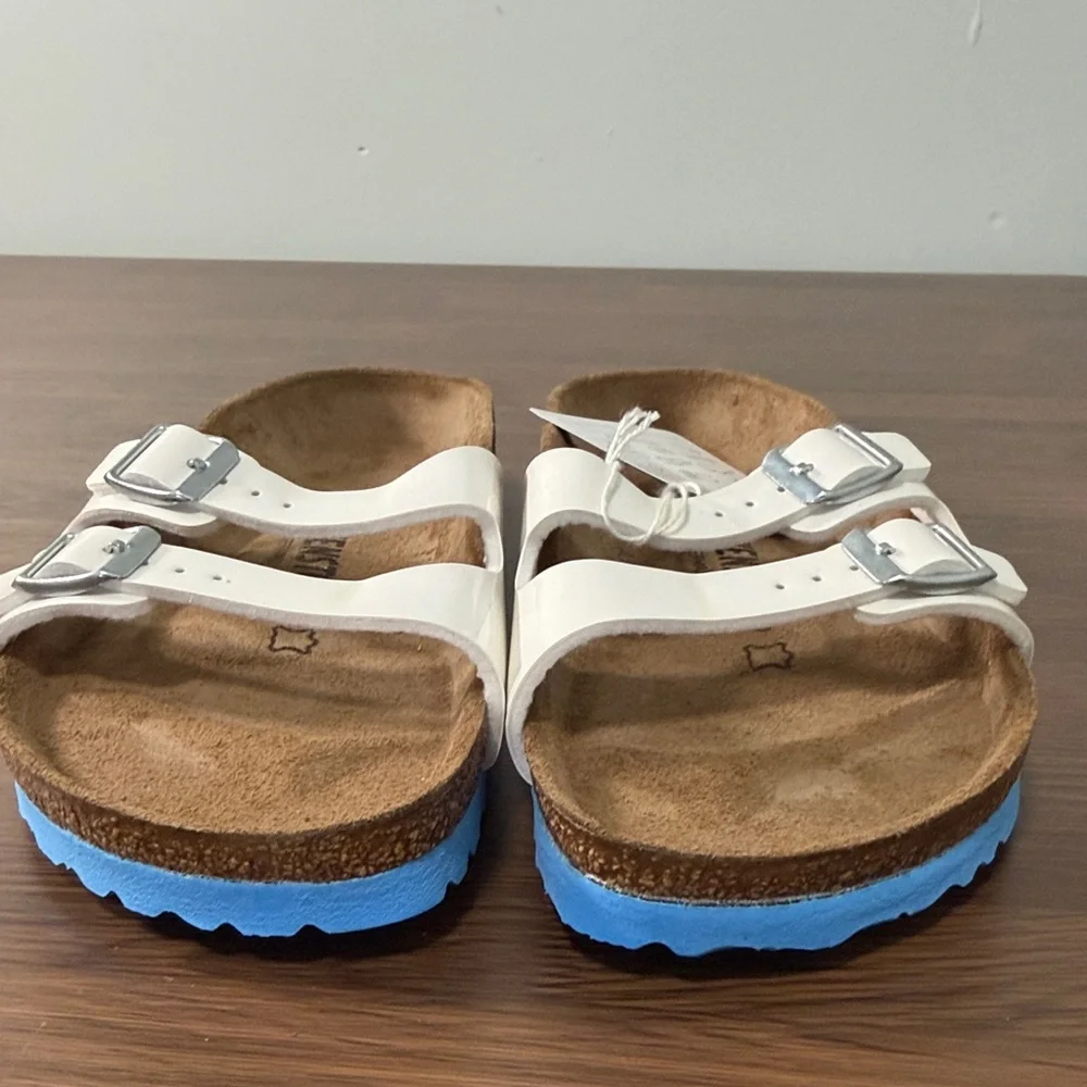 Birkenstock Women’s White‎ Sandals with Blue Outsole
